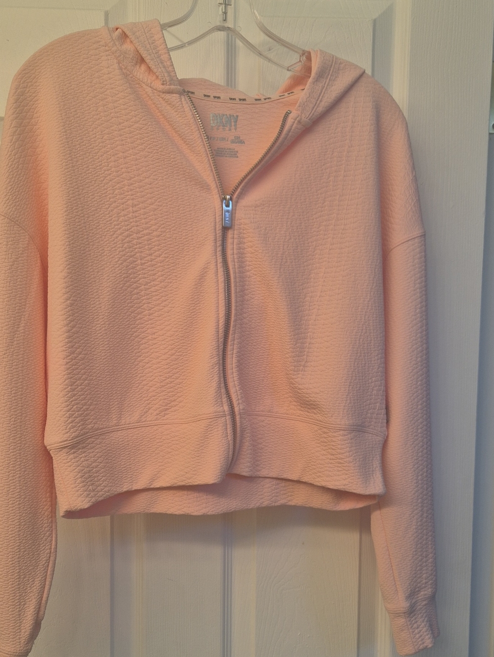 DKNY Peach Zip Hoodie - Textured Knit Cropped Sweatshirt